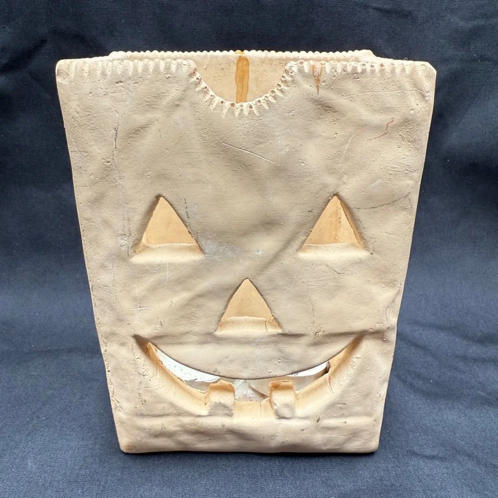 Vintage Ceramic Jack-O-Lantern Paper Bag Luminary Tan Halloween Decor